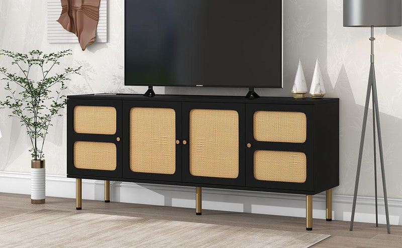 Boho style TV Stand with Rattan Door, Woven Media Console Table for TVs Up to 70”, Country Style Design Side Board with Gold Metal Base for Living Room, Black. - Urban Living Furniture (Los Angeles, CA)