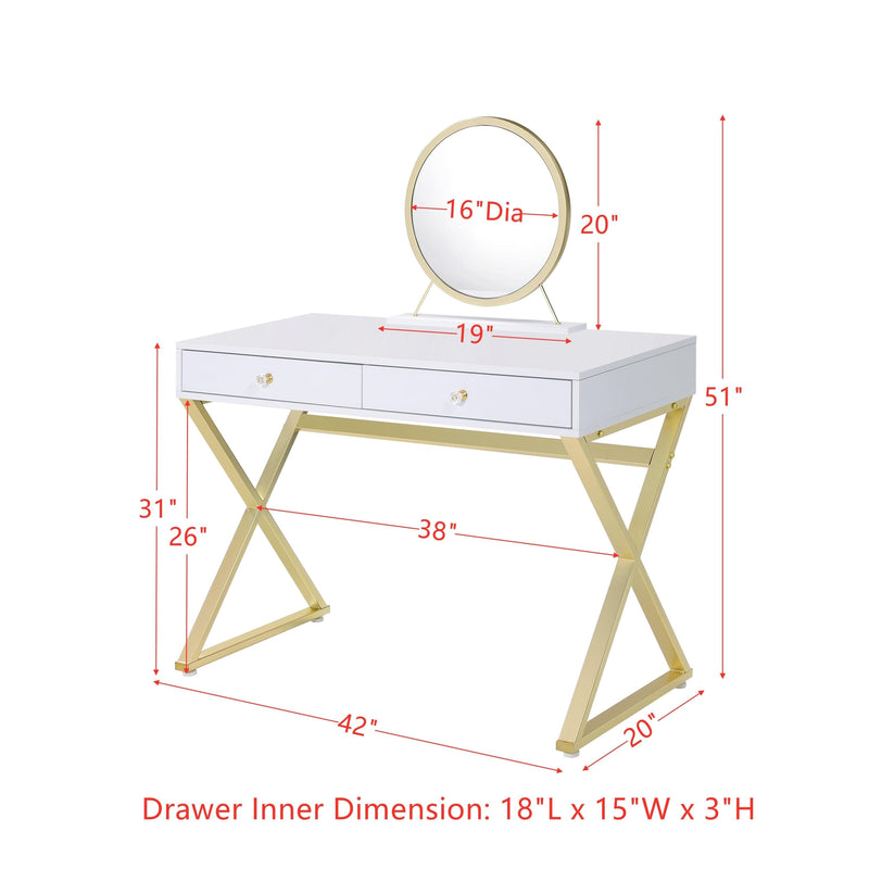 ACME Coleen Vanity Desk w/Mirror & Jewelry Tray in White & Gold Finish AC00667