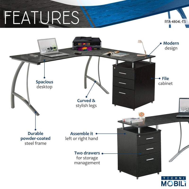 Techni MobiliModern L- Shaped Computer Desk with File Cabinet andStorage, Espresso - Urban Living Furniture (Los Angeles, CA)