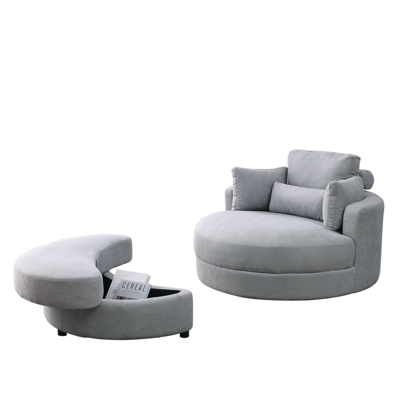 Swivel Accent BarrelModern Grey Sofa Lounge Club Big Round Chair withStorage Ottoman Linen Fabric for Living Room Hotel with Pillows - Urban Living Furniture (Los Angeles, CA)