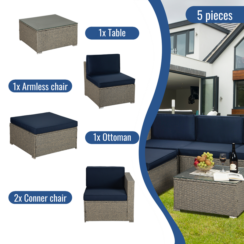 Outdoor Garden Patio Furniture 5-Piece Gray Mix Yellow PE Rattan Wicker Sectional Navy Cushioned Sofa Sets - Urban Living Furniture (Los Angeles, CA)