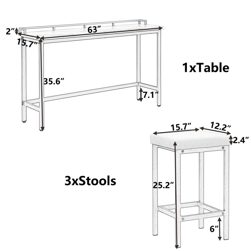 Modern 4-Piece Counter Height Extra Long Console Dining Table Set Bar Kitchen Set with 3 Fabric Stools, ld+Beige