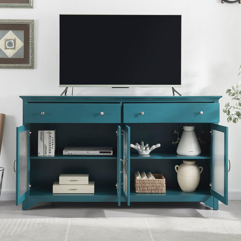 68” TV Console,Storage Buffet Cabinet, Sideboard with Glass Door and Adjustable Shelves, Console Table for Dining Living Room Cupboard, Teal Blue