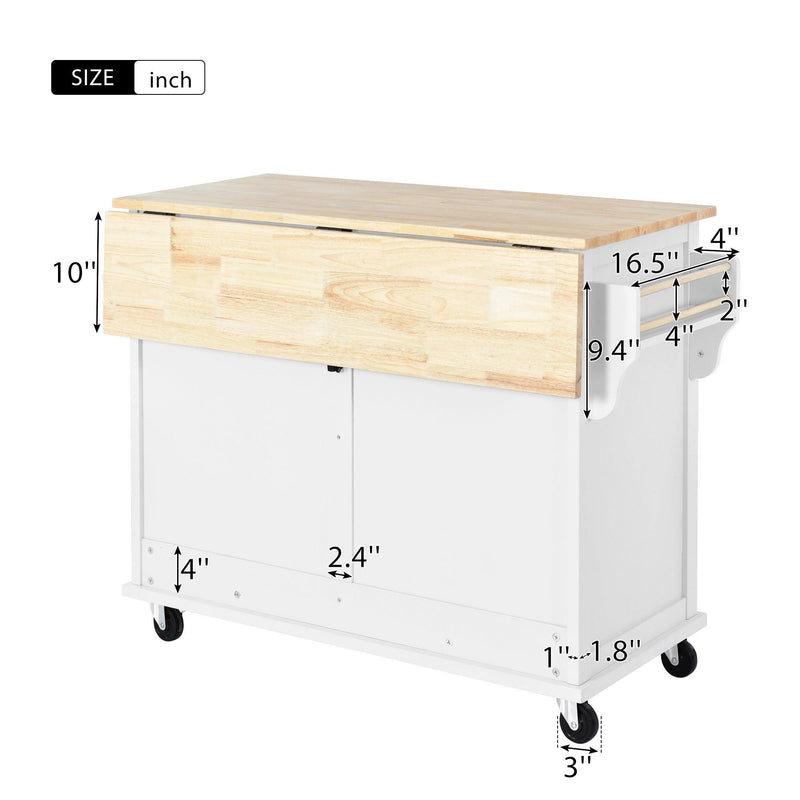 Kitchen Cart with Rubber wood Drop-Leaf Countertop, Concealed sliding barn door adjustable height,Kitchen Island on 4 Wheels withStorage Cabinet and 2 Drawers,L52.2xW30.5xH36.6 inch, White - Urban Living Furniture (Los Angeles, CA)