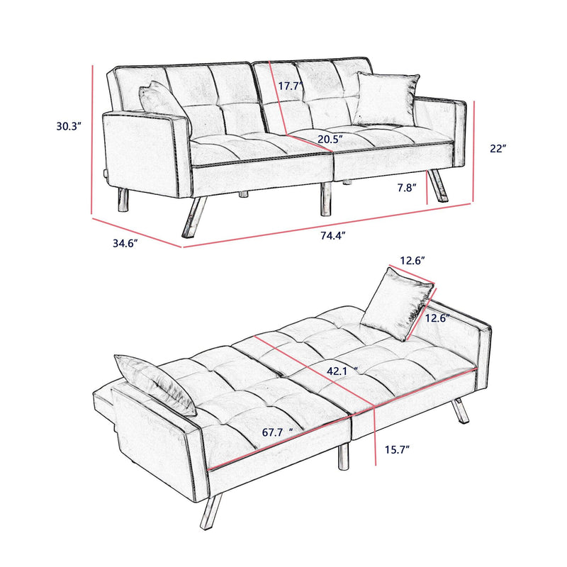 Velvet Sofa Couch Bed with Armrests and 2 Pillows for Living Room and Bedroom - Cream White - Urban Living Furniture (Los Angeles, CA)