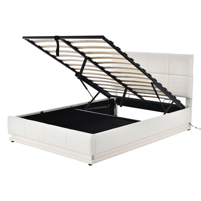 Tufted Upholstered Platform Bed with HydraulicStorage System,Queen Size PUStorage Bed with LED Lights and USB charger, White - Urban Living Furniture (Los Angeles, CA)