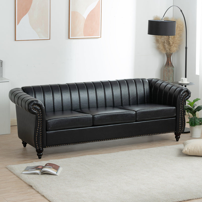 83.46'' Black PU Rolled Arm Chesterfield Three Seater Sofa. - Urban Living Furniture (Los Angeles, CA)