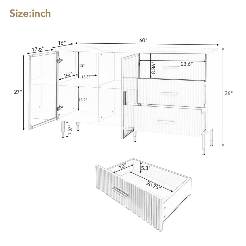 Modern Sideboard MDF Buffet Cabinet Marble Sticker Tabletop and Amber-yellow Tempered Glass Doors with Gold Metal Legs & Handles (Navy Blue) - Urban Living Furniture (Los Angeles, CA)