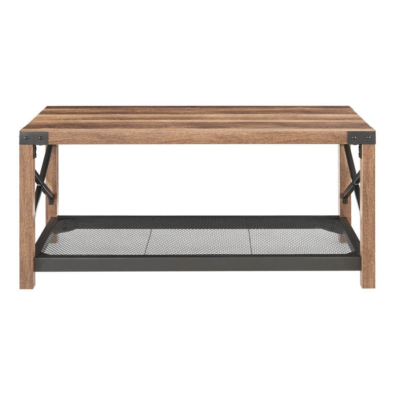 38.82" Farmhouse Coffee Table, 2-Tier Cocktail Table, Center Table with Mesh Shelf, Steel Frame, Corner Protection, Industrial Style, Long Table For Living Room, Brown