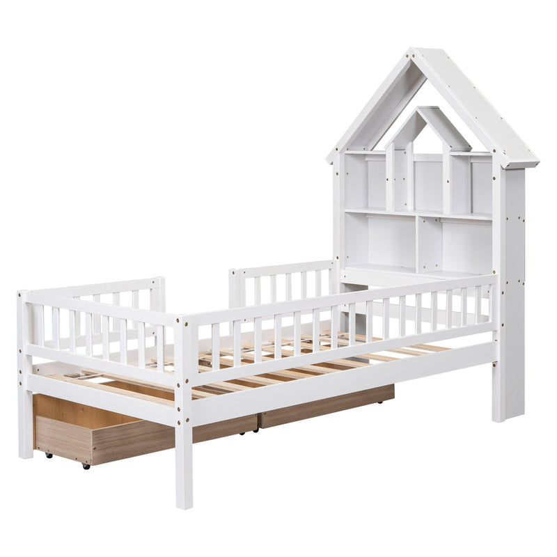 Twin Size House-Shaped Headboard Bed with Fence Guardrails and Drawers ,White - Urban Living Furniture (Los Angeles, CA)