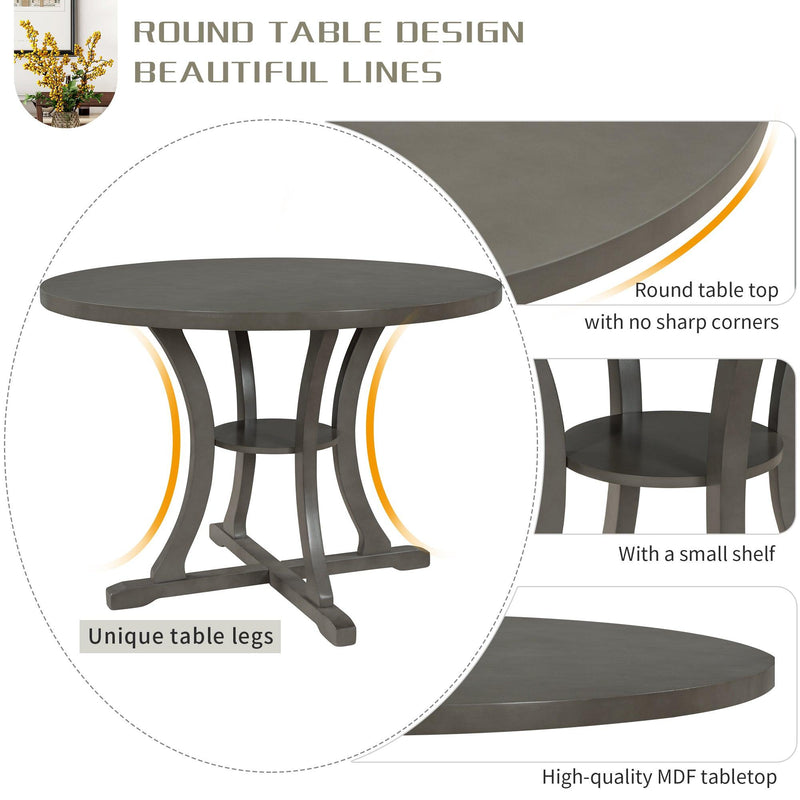5-Piece Round Dining Table and Chair Set with Special-shaped Legs and an Exquisitely Designed Hollow Chair Back for Dining Room (Gray)