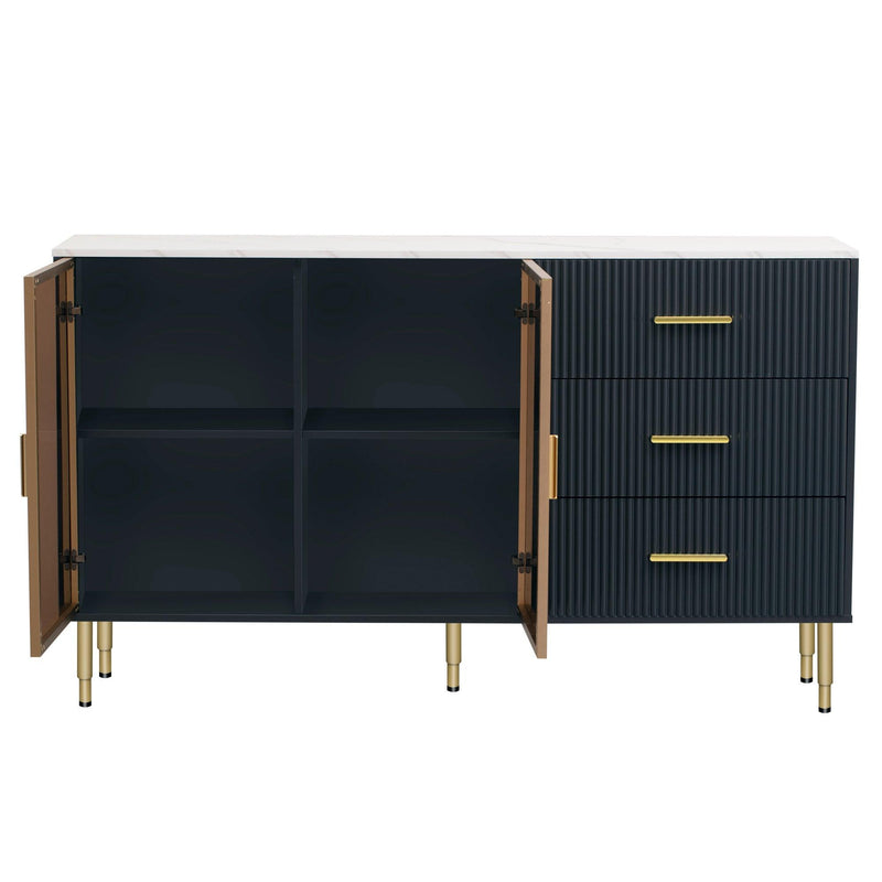 Modern Sideboard MDF Buffet Cabinet Marble Sticker Tabletop and Amber-yellow Tempered Glass Doors with Gold Metal Legs & Handles (Navy Blue)