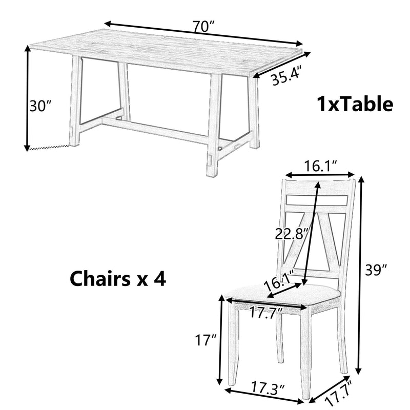 Rustic 5-Piece Large Wood Dining Table Set with 70inch Table and 4 Upholstered Dining Chairs,Brown - Urban Living Furniture (Los Angeles, CA)
