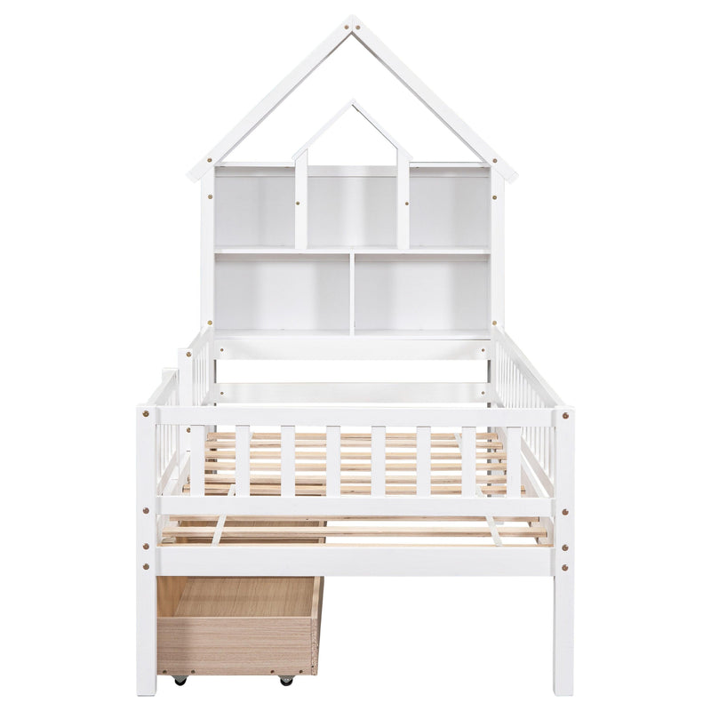 Twin Size House-Shaped Headboard Bed with Fence Guardrails and Drawers ,White - Urban Living Furniture (Los Angeles, CA)