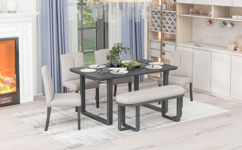 6-Piece Retro-Style Dining Set Includes Dining Table, 4 Upholstered Chairs & Bench with Foam-covered Seat Backs&Cushions for Dining Room (Gray+Beige) - Urban Living Furniture (Los Angeles, CA)