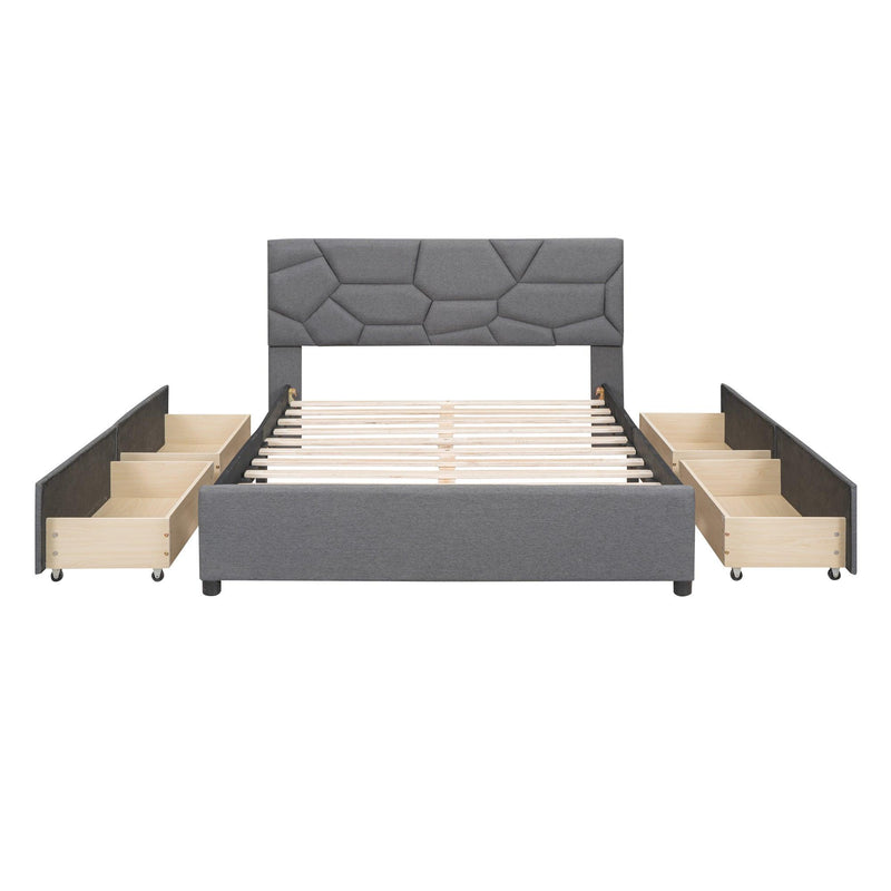 Full Size Upholstered Platform Bed with Brick Pattern Heardboard and 4 Drawers, Linen Fabric, Gray
