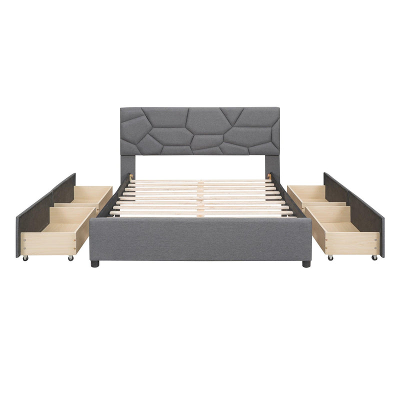 Full Size Upholstered Platform Bed with Brick Pattern Heardboard and 4 Drawers, Linen Fabric, Gray - Urban Living Furniture (Los Angeles, CA)