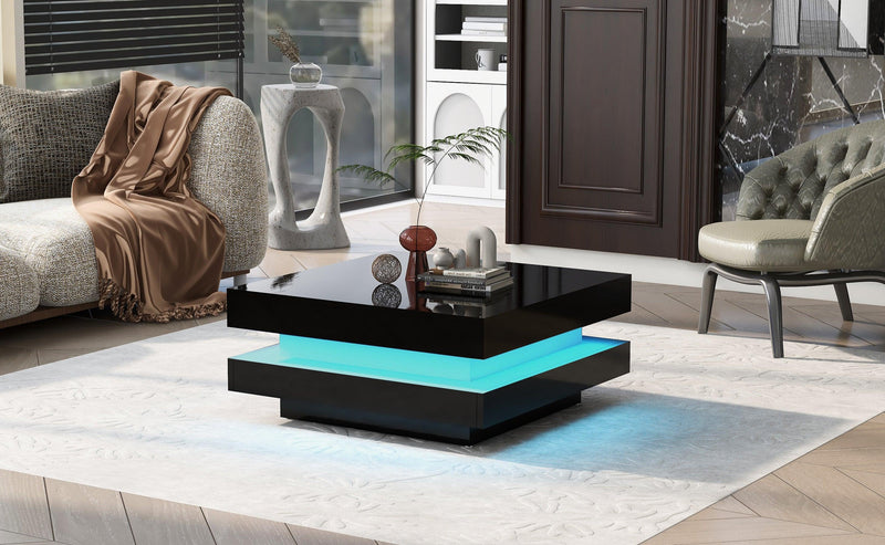 High Gloss Minimalist Design with plug-in 16-color LED Lights, 2-Tier Square Coffee Table, Center Table for Living Room, 31.5”x31.5”x14.2”,Black