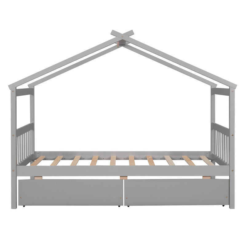 Twin Size Wooden House Bed with Drawers, Gray