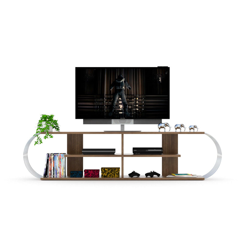 Mid CenturyModern Tv Stand 4 Shelves OpenStorage Entertainment Centre 68 inch Tv Unit, Walnut/Chrome