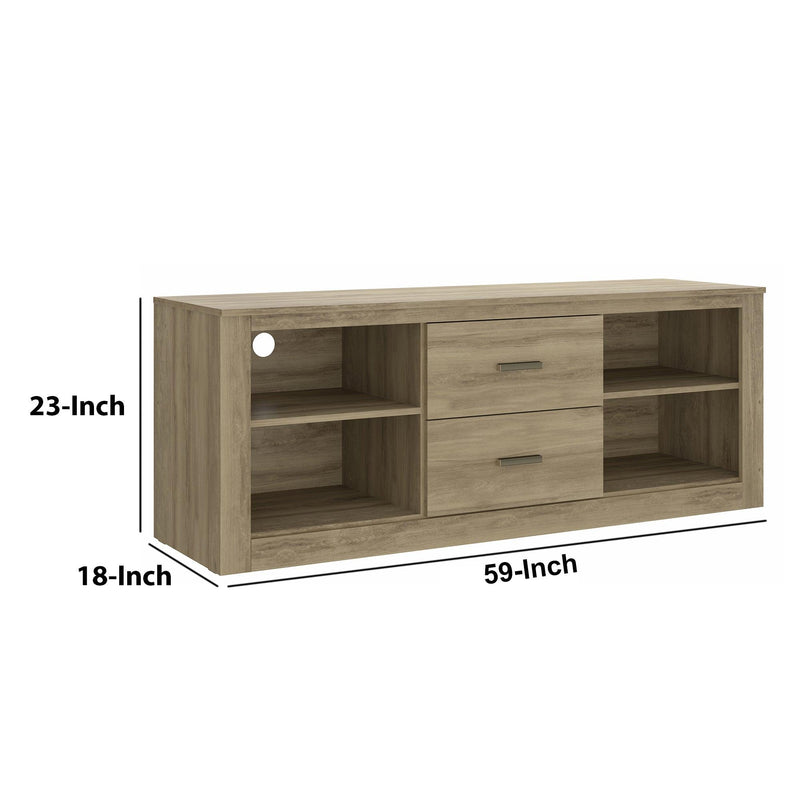 59 Inch Wooden TV Stand with 2 Drawers and 4 Open Compartments, Oak Brown