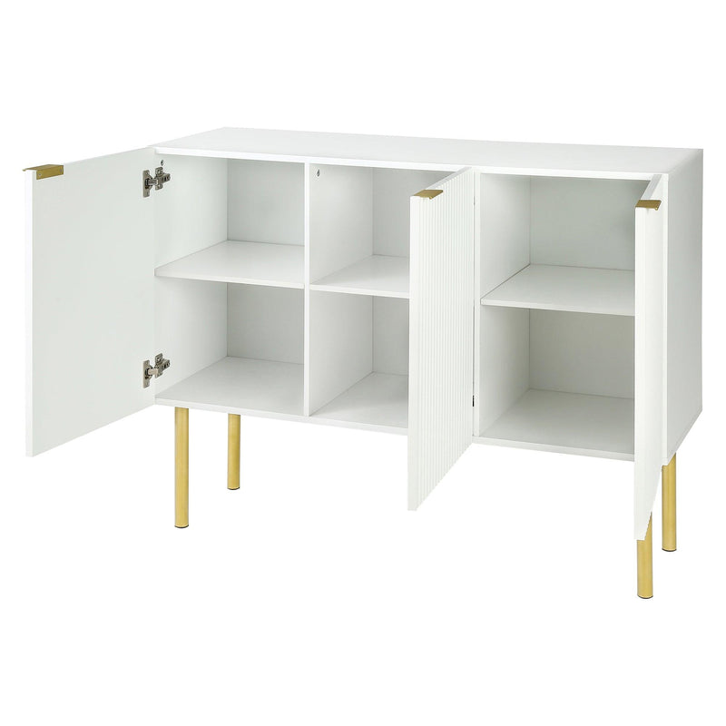 Modern Simple & Luxury Style Sideboard Particle Board & MDF Board Cabinet with Gold Metal Legs & Handles, Adjustable Shelves for Living Room, Dining Room (White)