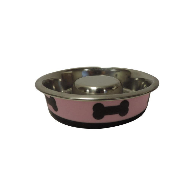 Slow Feeder Spill Proof Pet Bowl with Rubber Base and Bone Design, Pink and Black - Urban Living Furniture (Los Angeles, CA)