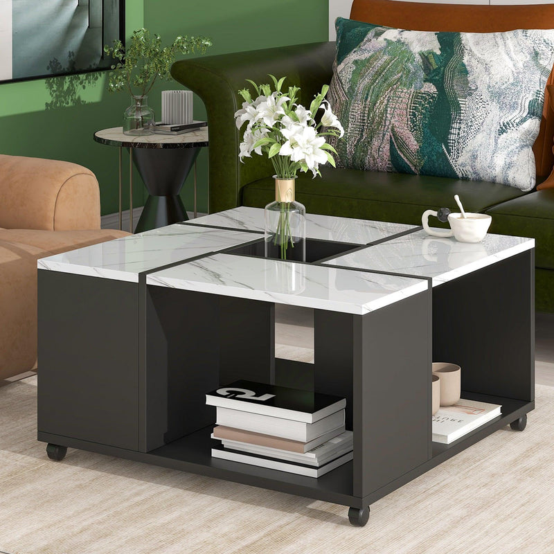 Modern 2-layer Coffee Table with Casters, Square Cocktail Table with Removable Tray，UV High-gloss Marble Design Center Table for Living Room，31.4”x 31.4” - Urban Living Furniture (Los Angeles, CA)