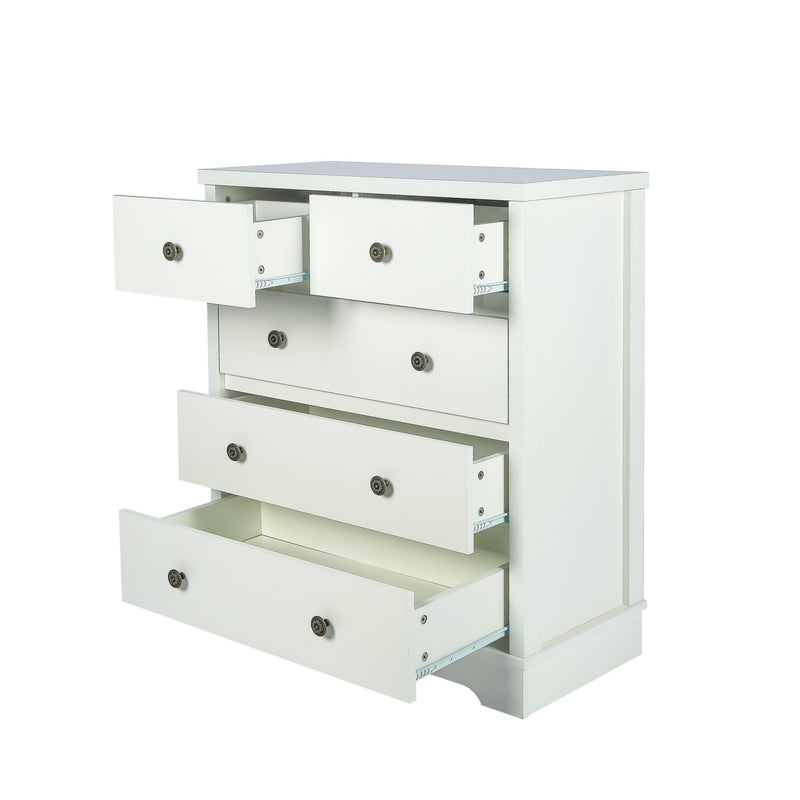 White color 5 drawers chest of drawer,Tallboy for bedroom, wooden cabinet