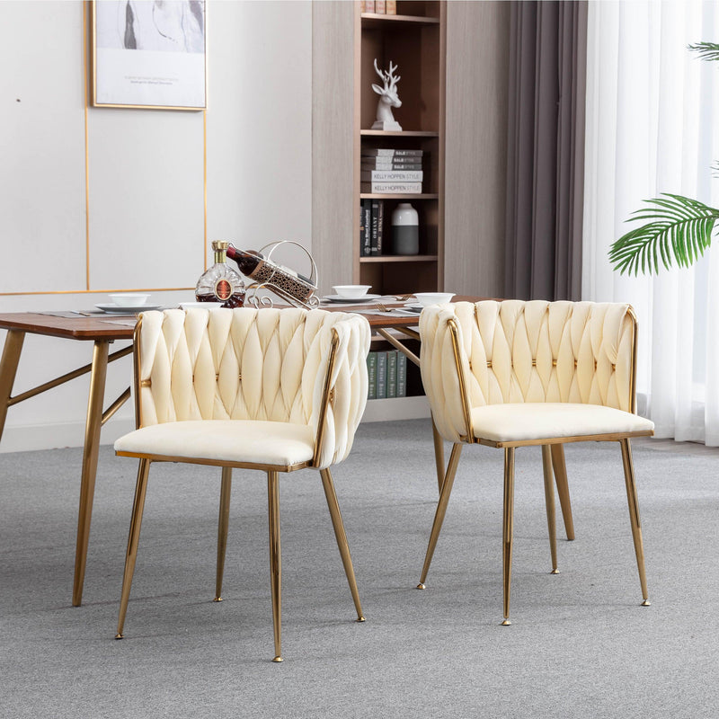 Modern Design Golden Metal Frame Velvet Fabric Dining Chair with Golden Legs,Set of 2,Ivory