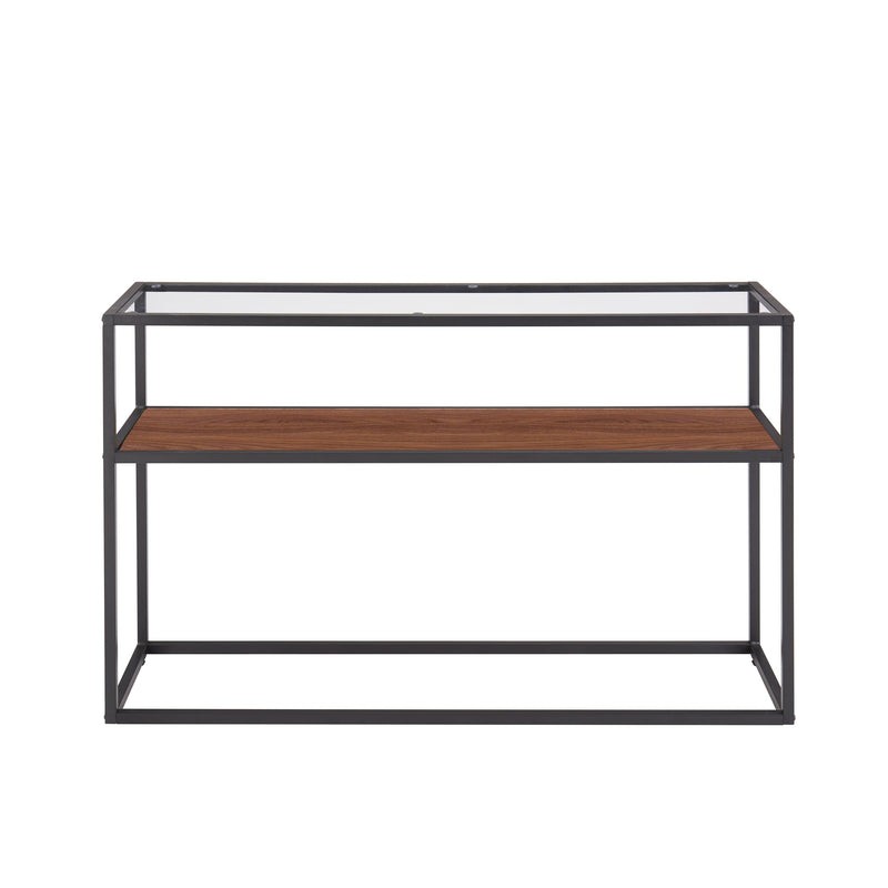 48.03" Glass Console Sofa Table,Modern Open Hallway Table, Narrow Entryway Table,  2 Shelves Couch Side Table with Adjustable Feet,Black Metal Reversable Walnut and Cement ash