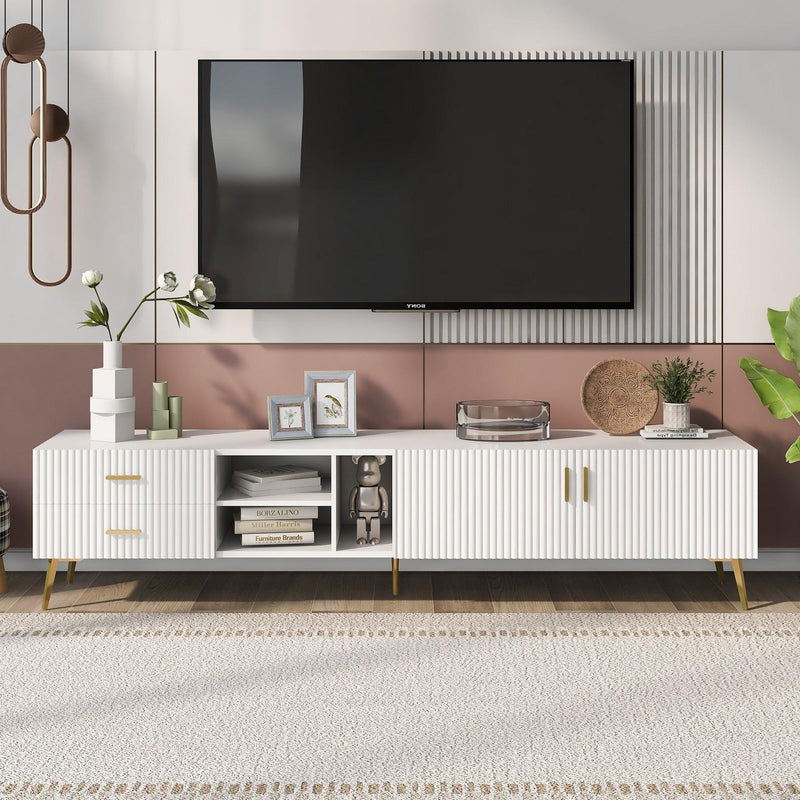 Modern TV Stand with 5 Champagne legs - Durable, stylish, spacious, versatileStorage TVS up to 77" (White) - Urban Living Furniture (Los Angeles, CA)