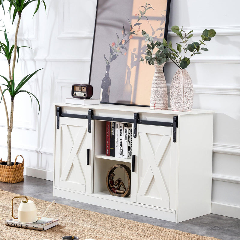 White decorative wooden TV /Storage cabinet with two sliding barn doors, available for bedroom, living room,corridor.