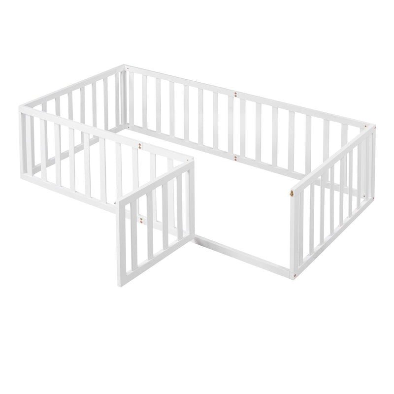 Twin Size Wood Floor Bed Frame with Fence and Door, White - Urban Living Furniture (Los Angeles, CA)