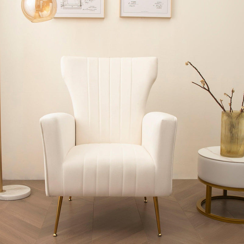 Velvet Accent Chair, Wingback Arm Chair with Gold Legs, Upholstered Single Sofa for Living Room Bedroom, White - Urban Living Furniture (Los Angeles, CA)