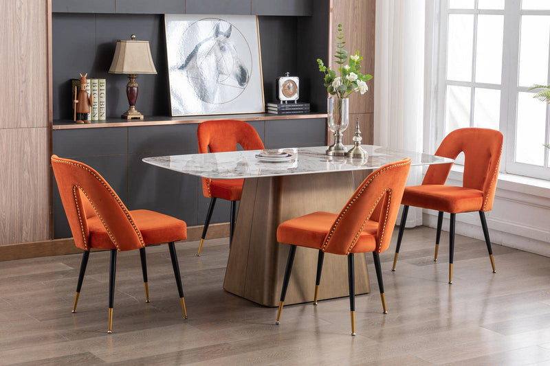 Akoya CollectionModern | Contemporary Velvet Upholstered Dining Chair with Nailheads and Gold Tipped Black Metal Legs, Orange，Set of 2 - Urban Living Furniture (Los Angeles, CA)