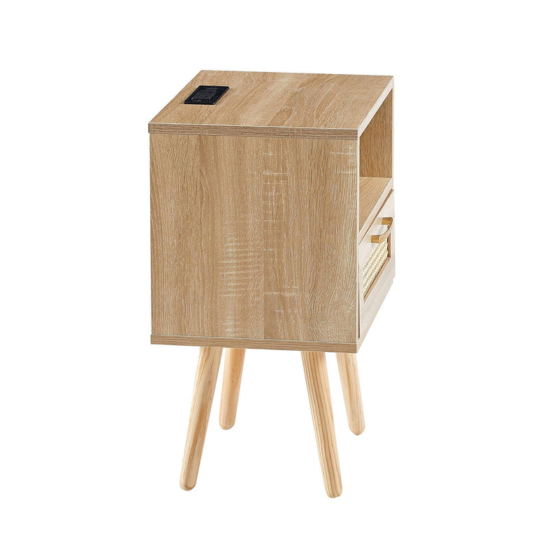 15.75" Rattan End table with Power Outlet  & USB Ports ,Modern nightstand with drawer and solid wood legs, side table for living roon, bedroom,natural - Urban Living Furniture (Los Angeles, CA)