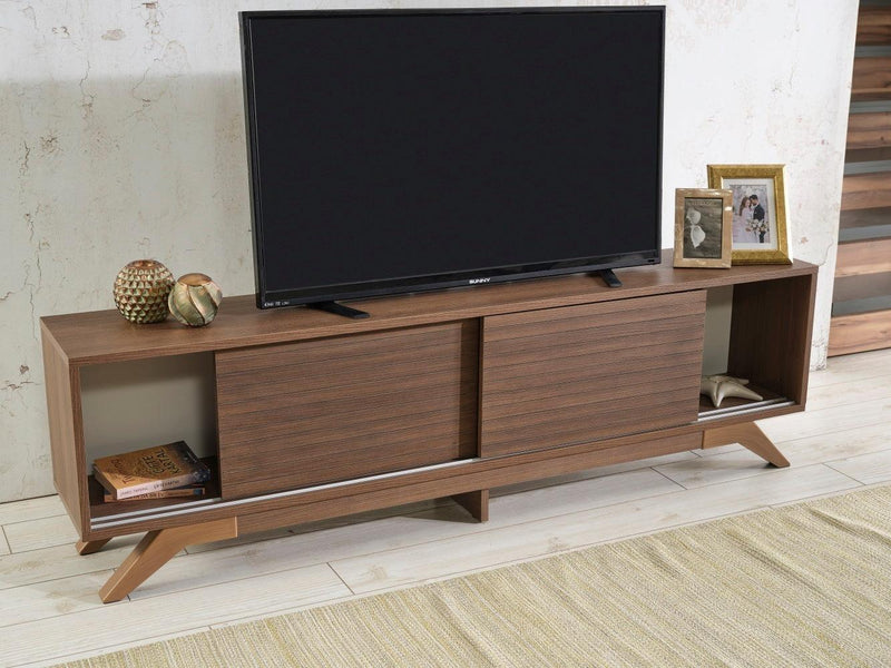 Luxia Mid CenturyModern Tv Stand 2 Sliding Door Cabinet 2 Shelves 67 inch Tv Unit, Walnut - Urban Living Furniture (Los Angeles, CA)