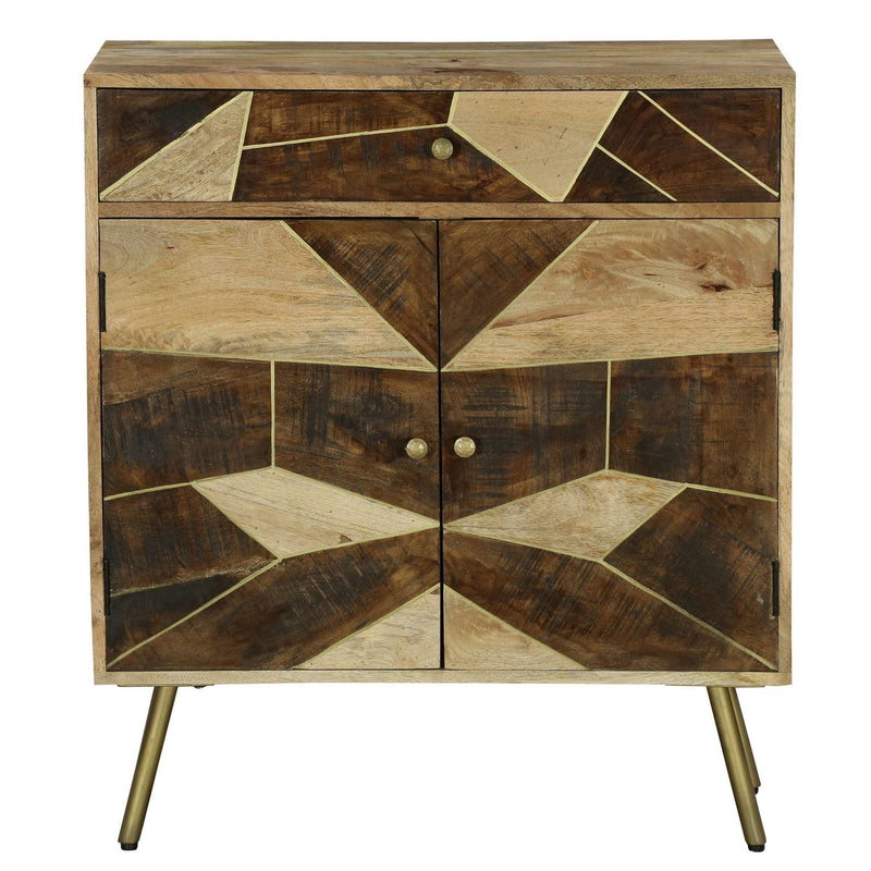 Brita 36 Inch ManWood Nightstand Side Table Cabinet, 2 Doors, Geometric Inlaid Design, Brown, Gold
