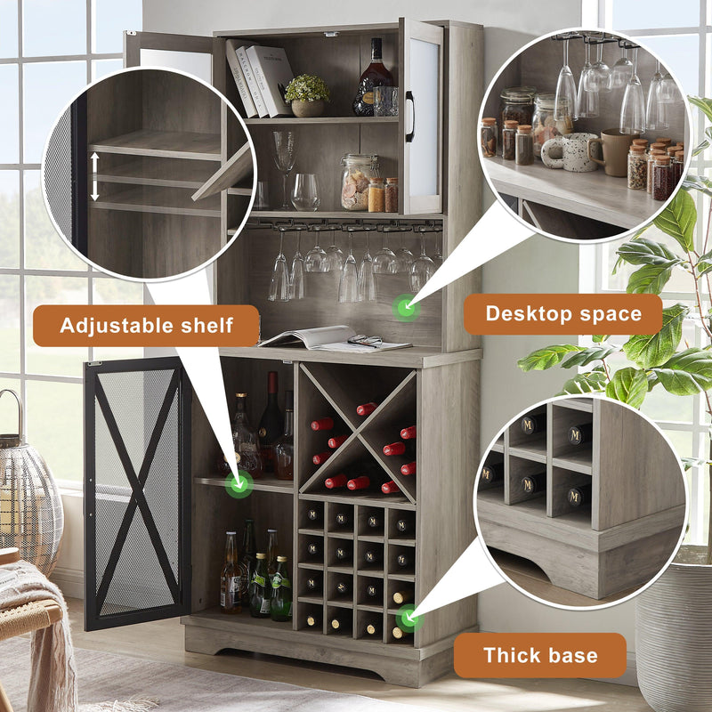 Farmhouse Wine Cabinet , Large Capacity Kitchen SideboardStorage Cabinet With Wine Rack And Glass Holder, Adjustable Shelf And 16 Square Compartments (Gray, 31.50" W*13.4" D*71.06"H)