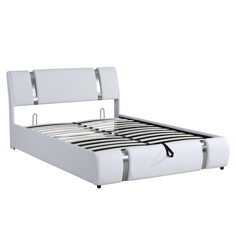 Queen Size Upholstered Faux Leather Platform bed with a HydraulicStorage System, White