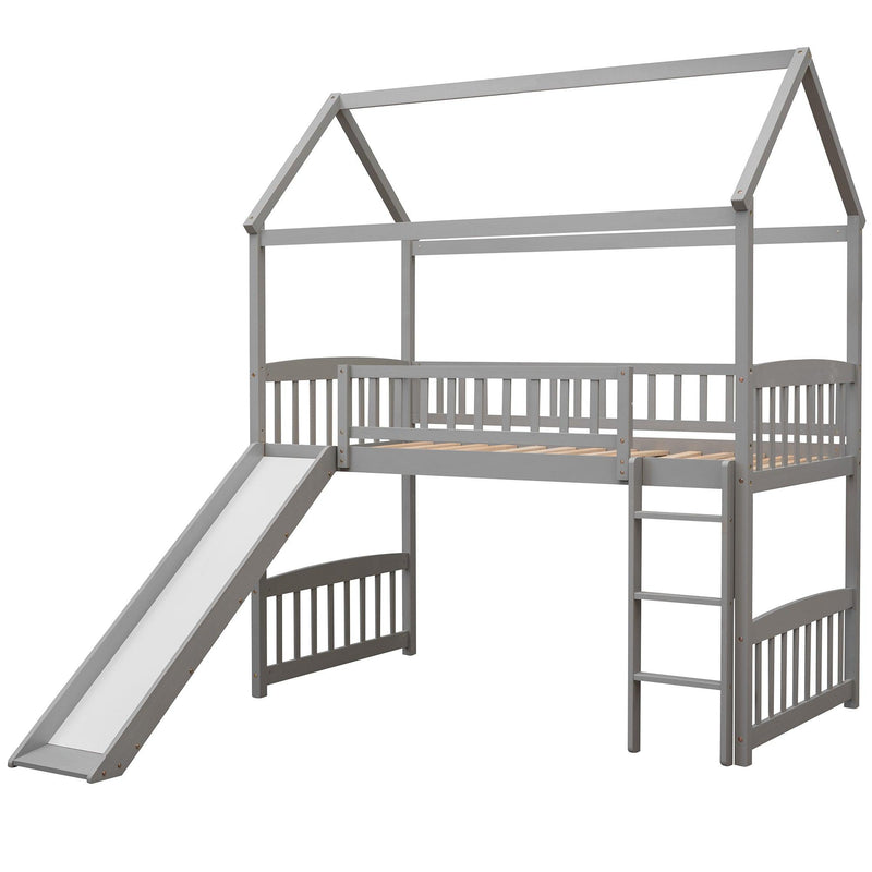 Twin Loft Bed with Slide, House Bed with Slide,White