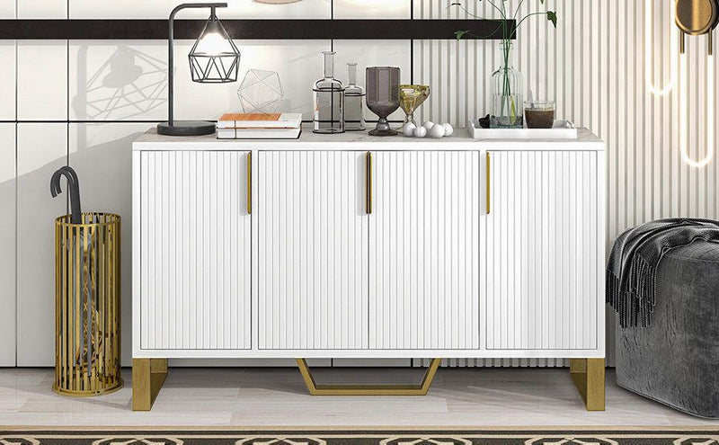 Modern sideboard with Four Doors, Metal handles & Legs and Adjustable Shelves Kitchen Cabinet (White)