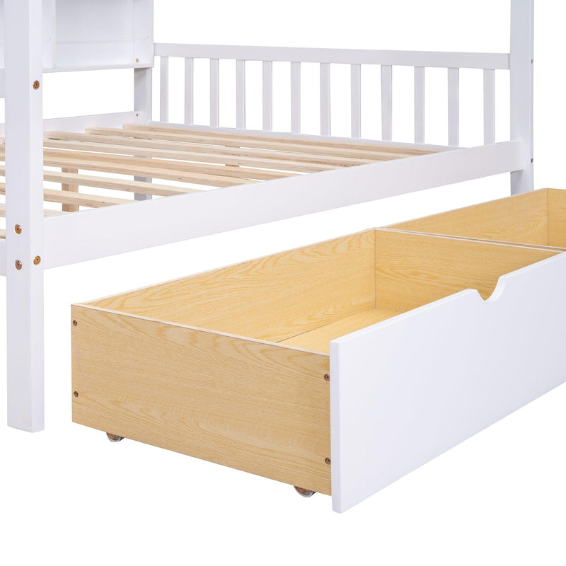 Wooden Full Size House Bed with 2 Drawers,Kids Bed withStorage Shelf, White