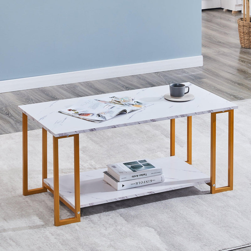 Coffee Table, 2 Layers 1.5cm Thick Marble MDF Rectangle 39.37" L Tabletop Iron Coffee Table , Dining Room, Coffee Shop, Resterant, White Top, ld Leg - Urban Living Furniture (Los Angeles, CA)