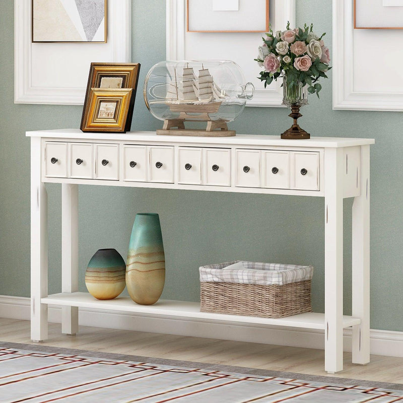 Rustic Entryway Console Table, 60" Long with two Different Size Drawers and Bottom Shelf forStorage (Antique White)