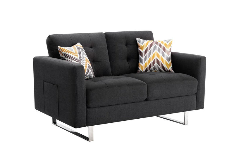 Victoria Dark Gray Linen Fabric Loveseat Chair Living Room Set with Metal Legs, Side Pockets, and Pillows