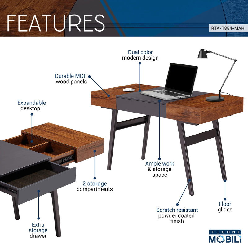 Techni Mobili  Writing Desk - Dual Side & Pull-Out Front Drawer  - Coated Grey Steel Frame - Mahogany