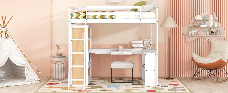 Full Size Loft Bed with Ladder, Shelves, and Desk, White - Urban Living Furniture (Los Angeles, CA)