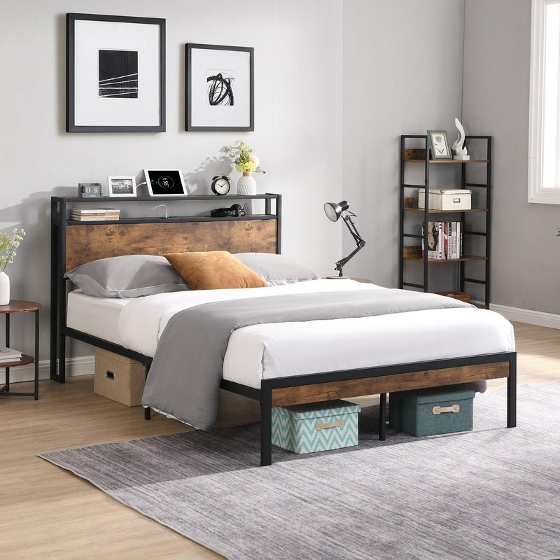 Queen Size  Metal Platform Bed Frame with Wooden Headboard and Footboard with USB LINER, No Box Spring Needed, Large Under BedStorage, Easy Assemble - Urban Living Furniture (Los Angeles, CA)